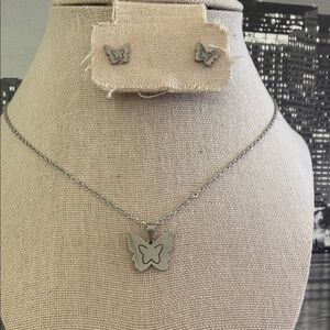 Stainless Steel Silver Butterfly Necklace and Earring Set